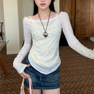 緋垚美式辣妹一字肩長(cháng)袖罩衫防曬T恤女春季海邊修身顯瘦休閑吊帶套裝 套裝【星星罩衫+黃色背心】 S 建議體重80-100斤