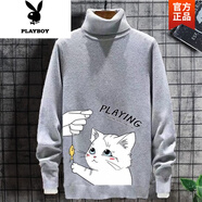 花花公子（PLAYBOY）加絨加厚高領(lǐng)毛衣男秋冬款韓版修身百搭男士套頭打底針織衫潮男裝 款薄(灰色)逗貓毛衣 款薄 L (170) 105-125斤(修身版型)
