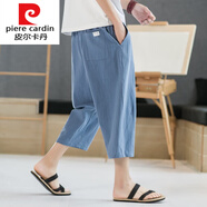 皮爾卡丹（pierre cardin）亞麻褲男短褲七分褲夏季薄款棉麻中褲休閑運動(dòng)褲直筒寬松7分針織 晴藍色 M