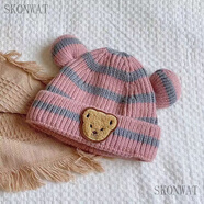 SKONWAT秋冬嬰兒帽子新生嬰幼兒護耳帽可愛(ài)保暖男女寶寶針織毛絨帽子 打格小熊 粉色