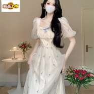 初徑茶歇桔梗法式泡泡袖碎花連衣裙仙女夏季超仙氣質(zhì)感公主長(cháng)裙子 5279-杏色 S