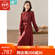 茵曼（INMAN）冬女裝新款田園立領(lǐng)優(yōu)雅印花打攬長(cháng)袖連衣裙 暗紅色 SS