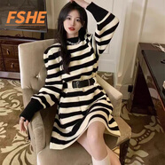 FSHE秋冬小個(gè)子收腰韓版別致加厚針織連衣裙打底內搭毛衣裙子 黑白條紋 M