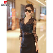 皮爾卡丹（pierre cardin）歐洲站神范2025年夏季新款套裝輕熟風(fēng)御姐蕾絲上衣半身裙 黑色襯衫+黑色半身裙 【正版品質(zhì) 3XL 【135斤-150斤】