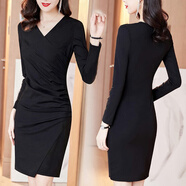 梵詩(shī)哲黑色氣質(zhì)連衣裙女長(cháng)袖秋季新款ol職業(yè)裙a字顯瘦收腰V領(lǐng)包臀一步裙 黑色氣質(zhì)通勤顯高巨顯瘦 2xl