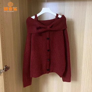 派吉鯊2025新款溫柔風(fēng)甜美一字肩毛衣女秋冬季韓系設計感針織衫露肩上衣 酒紅色 S 建議75-95斤