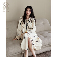 妮狄婭睡衣睡裙女春秋長袖純棉紗布套頭v領(lǐng)寬松簡約長裙公主風家居服 QF23304米白 S