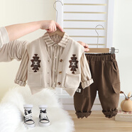 帕皮猴男童春秋裝套裝嬰兒童帥氣三件套小童裝新款1-4歲3寶寶春秋衣服 米色三件套 80 碼建議0-11個(gè)月（身高70左右）