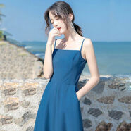 南啵丸新款小個(gè)子韓版一字領(lǐng)無(wú)袖女吊帶連衣裙收腰顯瘦純色長(cháng)款小黑裙潮 藍色 S