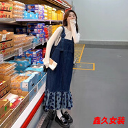 美安嘉韓版牛仔背帶連衣裙2024春秋夏季新款學(xué)院風(fēng)花瓣兩件套裝顯瘦長(zhǎng)裙 裙子加T恤套裝 M