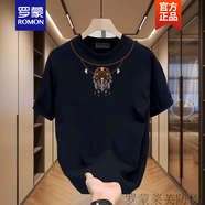 羅蒙（ROMON）美式痞帥重磅純棉印花短袖T恤青年男女款夏季ins潮牌寬松圓領上衣 黑色【前領口圖K5072 圓盤羽毛項 XL 建議140-160斤