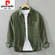 皮爾卡丹（pierre cardin）中式棉質(zhì)襯衫男工裝長(zhǎng)袖春夏季多口袋襯衣外套透氣苧麻布衣服針織 綠色 M