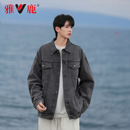 雅鹿牛仔外套男春秋季ins潮牌港風復古寬松牛仔夾克衣服冬季加厚上衣 灰色 XL 【建議體重120-140斤】