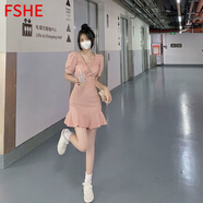 FSHE新款連衣裙女夏季甜美清新粉色百搭巨顯瘦高腰修身方領(lǐng)泡泡袖A字 粉色 S _建議90斤內
