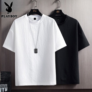 花花公子（PLAYBOY）夏季冰絲短袖男士T恤亞麻透氣速干純色半袖t體恤寬松打底衫上衣服 11白色 XL 【150-170斤】