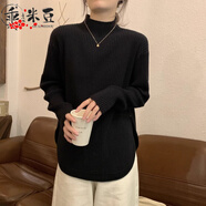 乖米豆秋冬大碼慵懶風(fēng)針織打底衫內(nèi)搭胖mm設(shè)計感寬松半高領(lǐng)加厚毛衣上衣 黑色 XL 130-150斤