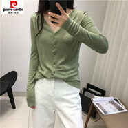 皮爾卡丹（pierre cardin）超細(xì)薄款精紡純羊毛針織開衫女外套新款V領(lǐng)空調(diào)寬松長(zhǎng)袖毛衣上衣 橄欖綠 2XL