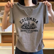 歐洛黛短袖t恤女寬松2025夏季新款顯瘦V領(lǐng)印花百搭休閑遮肚子褶皺短袖女 灰色（建筑）褶皺V L