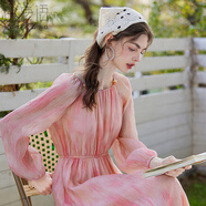 白鹿語(yǔ)春夏暈染印花連衣裙U型領(lǐng)時(shí)尚度假約會(huì )修身長(cháng)裙 粉色 XL 