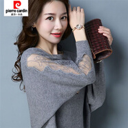 皮爾卡丹（pierre cardin）新款一字領(lǐng)針織蝙蝠衫女蕾絲袖時尚T恤潮搭顯瘦上衣春秋百搭 灰色 L