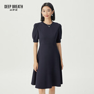 深呼吸DEEP BREATH女裝高腰圓領(lǐng)泡泡袖收腰大擺連衣小黑裙A500309 藏藍(lán) M (3碼)