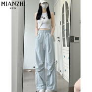 棉致蝴蝶結(jié)闊腿工裝褲子女夏季薄款新款寬松小個子高腰休閑褲女士長褲 K40藍色【高品質(zhì)29.5】 M 90-100斤