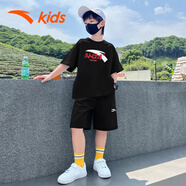 安踏男童運動(dòng)套裝夏裝冰絲速干短袖短褲兩件套T恤五分褲兒童衣服 黑T黑褲 160