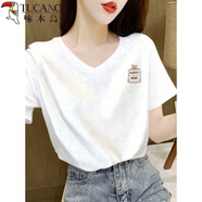 啄木鳥V領(lǐng)短袖女t恤夏季新款2025大領(lǐng)口竹節(jié)棉正肩純棉薄款上衣時(shí)尚洋氣 白色【竹節(jié)棉V領(lǐng)】 XL 125-135斤
