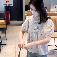 皮爾卡丹（pierre cardin）韓系減齡蕾絲花邊波點(diǎn)襯衫女2025夏季新款泡泡袖寬松顯瘦小眾小衫 米杏色 M (100-123斤)