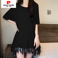 皮爾卡丹（pierre cardin）夏季大碼胖mm200斤設(shè)計(jì)感小眾中長(zhǎng)款T恤女短袖遮肚子個(gè)性流蘇上衣 黑色 【面料】 4XL 【建議170-200斤】
