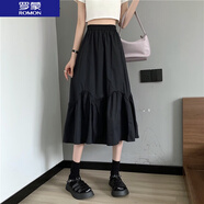羅蒙（ROMON）  夏季2025年新款感高腰顯瘦a字裙女白色小個子中長款半身裙子 黑色 （裙子有內襯） M 100-120斤