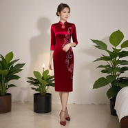 鴻韻繡旗袍中國風(fēng)春夏新款優(yōu)雅復(fù)古改良時(shí)尚醋酸旗袍喜婆婆婚宴時(shí)尚禮服 酒紅色中長（七-分袖）手繪 XL