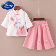 迪士尼（DISNEY）兒童古裝漢服中國(guó)風(fēng)超仙襦裙女童古風(fēng)連衣裙寶寶唐裝套裝飄逸春夏 B12一盆花粉色 棉麻 140 尺碼偏小