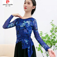 皮爾卡丹（pierre cardin）歐洲站中袖T恤夏季新款不規(guī)則收腰顯瘦小衫網(wǎng)紗洋氣印花氣質(zhì)上衣 藍(lán)花長袖 M 90斤左右
