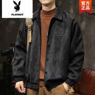 花花公子（PLAYBOY）美式復(fù)古經(jīng)典鹿皮絨翻領(lǐng)棒球服男士寬松潮牌大碼春秋裝夾克外套男 黑色高質(zhì)量面料 XL 建議125-150斤