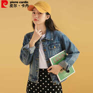 皮爾卡丹短外套女春季復(fù)古港風(fēng)百搭修身上身長(zhǎng)袖牛仔短夾克外套復(fù)古藍(lán)XL