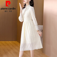 皮爾卡丹（pierre cardin）蕾絲連衣裙子女士春秋冬季2025年新款加絨加厚字氣質(zhì)長袖中長裙針 杏色(不加絨)《別致漂亮女神范今 (90-100斤) M