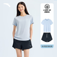安踏速干運(yùn)動(dòng)套裝女士夏季透氣短褲短袖T恤有氧健身跑步瑜伽跳操衣服 【防走光套裝】冰涼藍(lán)7205-4 XL/175