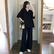 翁小貝胖妹妹夏季大碼女裝洋氣顯瘦套裝夏裝微胖休閑遮肉上衣闊腿褲胖mm 上衣+褲子套裝現貨 XL 115-150斤