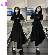 Jret黑色學(xué)院風(fēng)不規則Polo連衣裙女夏季2025新款大碼裙子胖mm遮肚顯瘦 黑色 3XL (建議160~180斤)