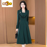 初徑高端氣質(zhì)西裝領(lǐng)長(cháng)袖連衣裙女2025秋季時(shí)尚收腰顯瘦中長(cháng)款a字裙子 綠色 L 建議105-115斤