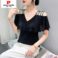皮爾卡丹（pierre cardin）夏季百搭v領(lǐng)顯瘦氣質(zhì)荷葉邊露肩上衣時(shí)尚V領(lǐng)網(wǎng)紗釘珠短袖T恤女潮 黑色 M 建議90-100斤