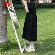 FSHE夏季日系POLO領(lǐng)抽繩收腰短袖連衣裙女學(xué)生韓版顯瘦高腰黑色長裙子 黑色【蝴蝶結(jié)款】 M 【81-100斤穿】