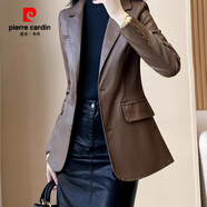 皮爾卡丹（pierre cardin）感西裝PU皮衣外套女春秋季新款修身顯瘦短款西服外搭上衣 咖色 L 建議100斤-115斤