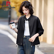 皮爾卡丹美拉德皮衣外套女2025新款春秋短款寬松休閑復古PU皮機車(chē)夾克上衣 黑色 XL 建議【120-130斤】