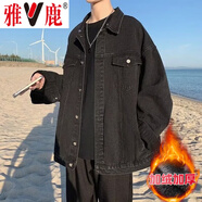 雅鹿牛仔外套男秋季男裝港風(fēng)潮流寬松夾克上衣加絨加厚痞帥工裝外衣服 黑色 加絨 XL [建議體重120-140斤]