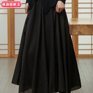 柏潮新中式夏季禪意風(fēng)雙層棉麻半身裙女裝長裙松緊腰顯瘦高腰大擺裙子 黑色半身裙 95厘米 建議165以上身高