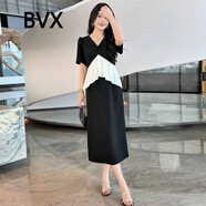 BVX法式撞色V領(lǐng)連衣裙女夏季優(yōu)雅別致高級(jí)感顯瘦中長(zhǎng)款赫本風(fēng)小黑裙 黑色 2XL