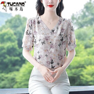 啄木鳥(niǎo)2025夏季寬松新款雪紡衫女洋氣襯衫短袖上衣時(shí)尚中年媽媽小衫女裝 蝴蝶 XL