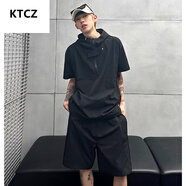 KTCZ美式半拉鏈短袖沖鋒上衣套裝男生酷帥穿搭夏季冰絲速干短褲一套搭 黑色 M 100-120斤